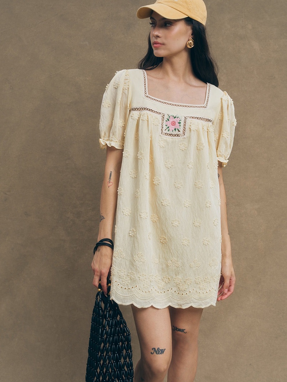 Maude Club Odette Babydoll Dress XS Crochet Patch Boho Cottagecore Fairy Peasant